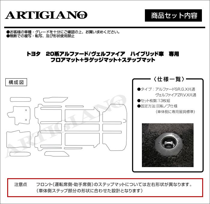 トヨタ 20系 アルファード/ヴェルファイア ハイブリッド車用 フロアマット+ラゲッジマット+ステップマット H23年11月～ R1000 フロアマットセット  フロアマット専門店アルティジャーノ 車 フロアマット